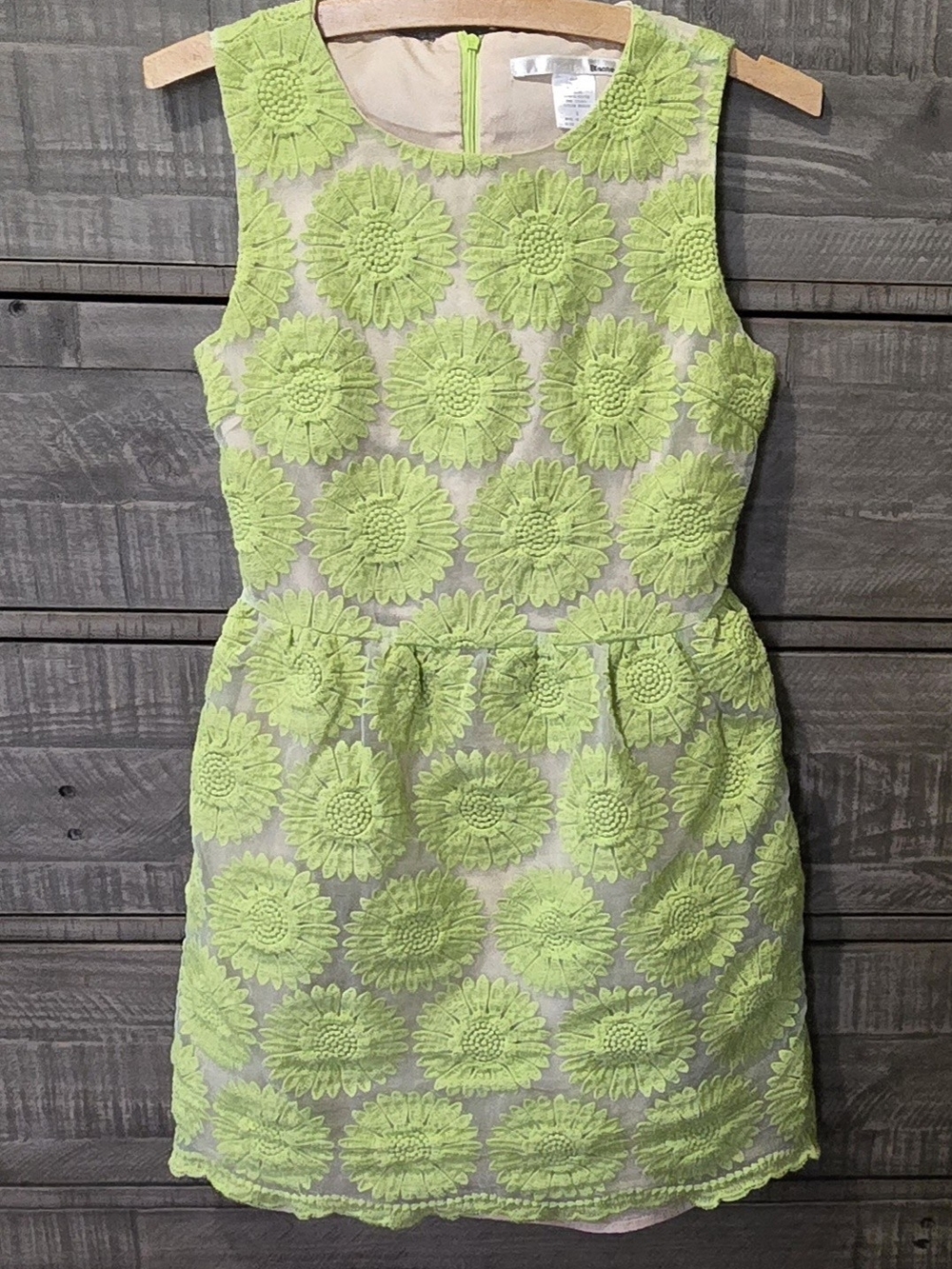 Ellison Ellison Lime Green Daisy Embroidered Mesh Overlay Dress Size Small